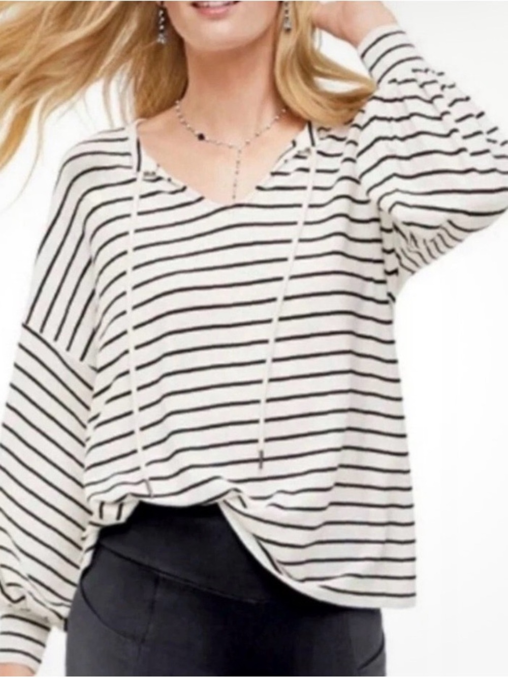 CAbi Black & White Striped V-Neck Pullover Hoodie